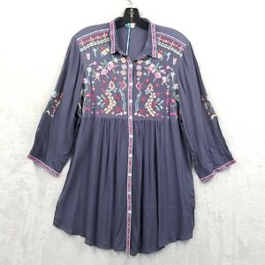Kyla Seo Tunic Women L Gray Embroidered Floral Lightweight Flowy Blouse Boho New